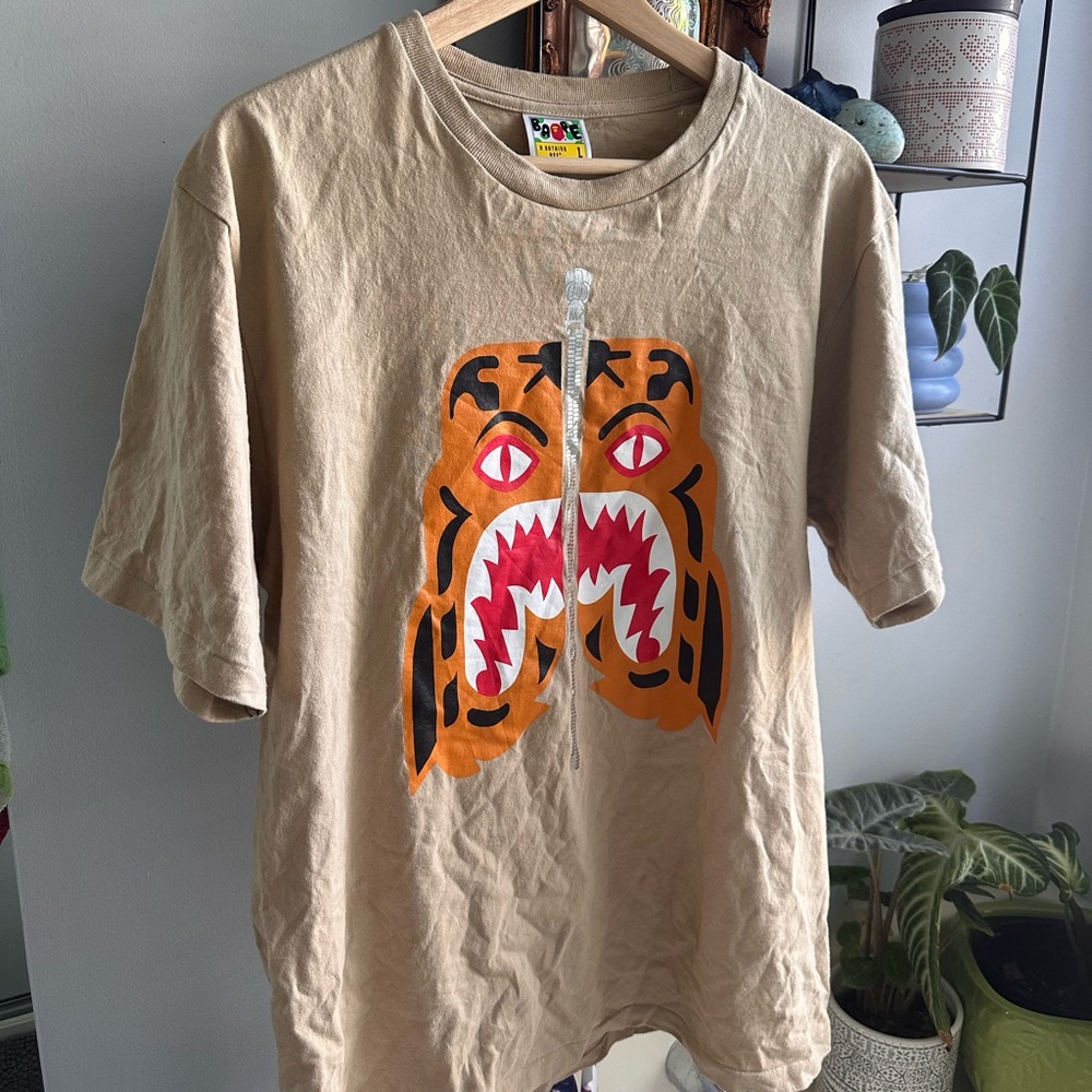 Bape Beige Men’s Tee with Fierce Tiger Design